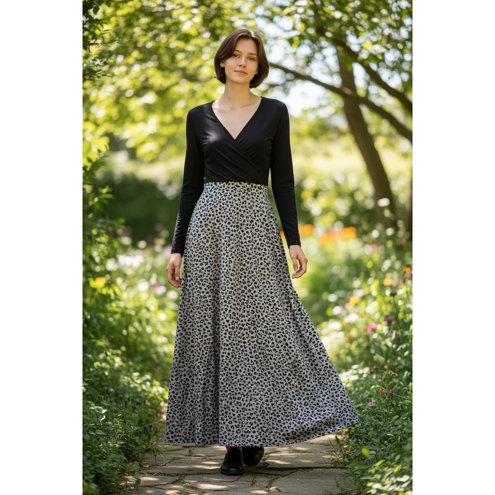 PARNIXS Women Black Leopard Nursing Maxi Dress V-Neck Long Sleeve V-10068 M